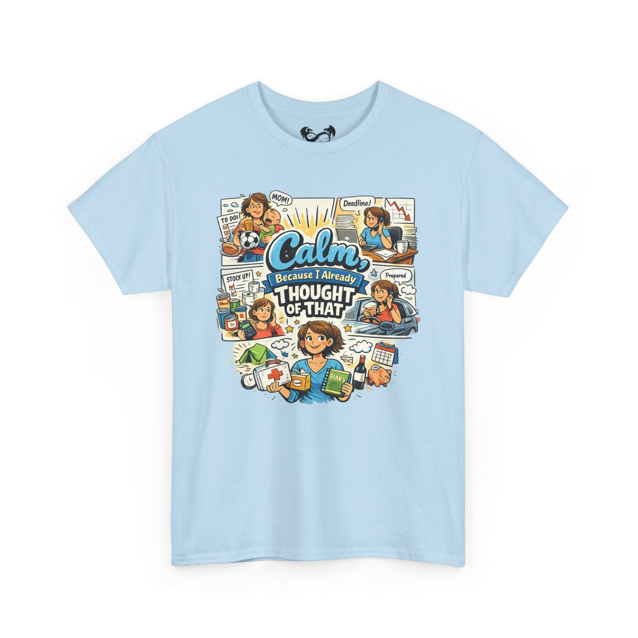 Light blue t-shirt with colorful graphic design on a white background