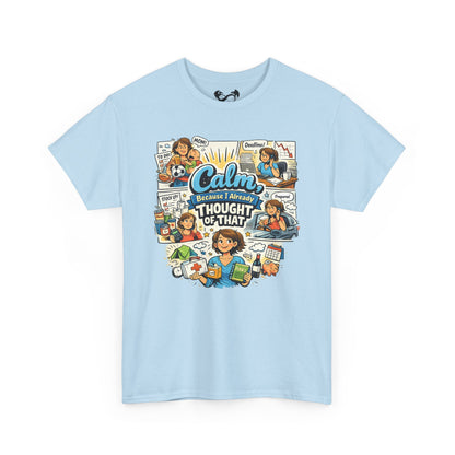 Light blue t-shirt with colorful graphic design on a white background