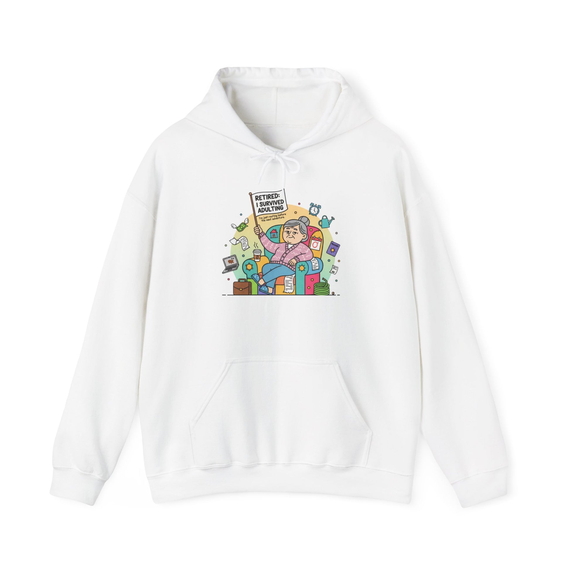 White hoodie with colorful graphic design on a white background