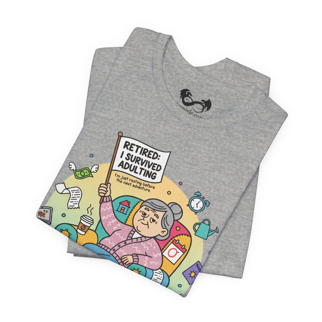 Gray t-shirt with a colorful graphic and text 'Retired: I survived adulting' on a white background