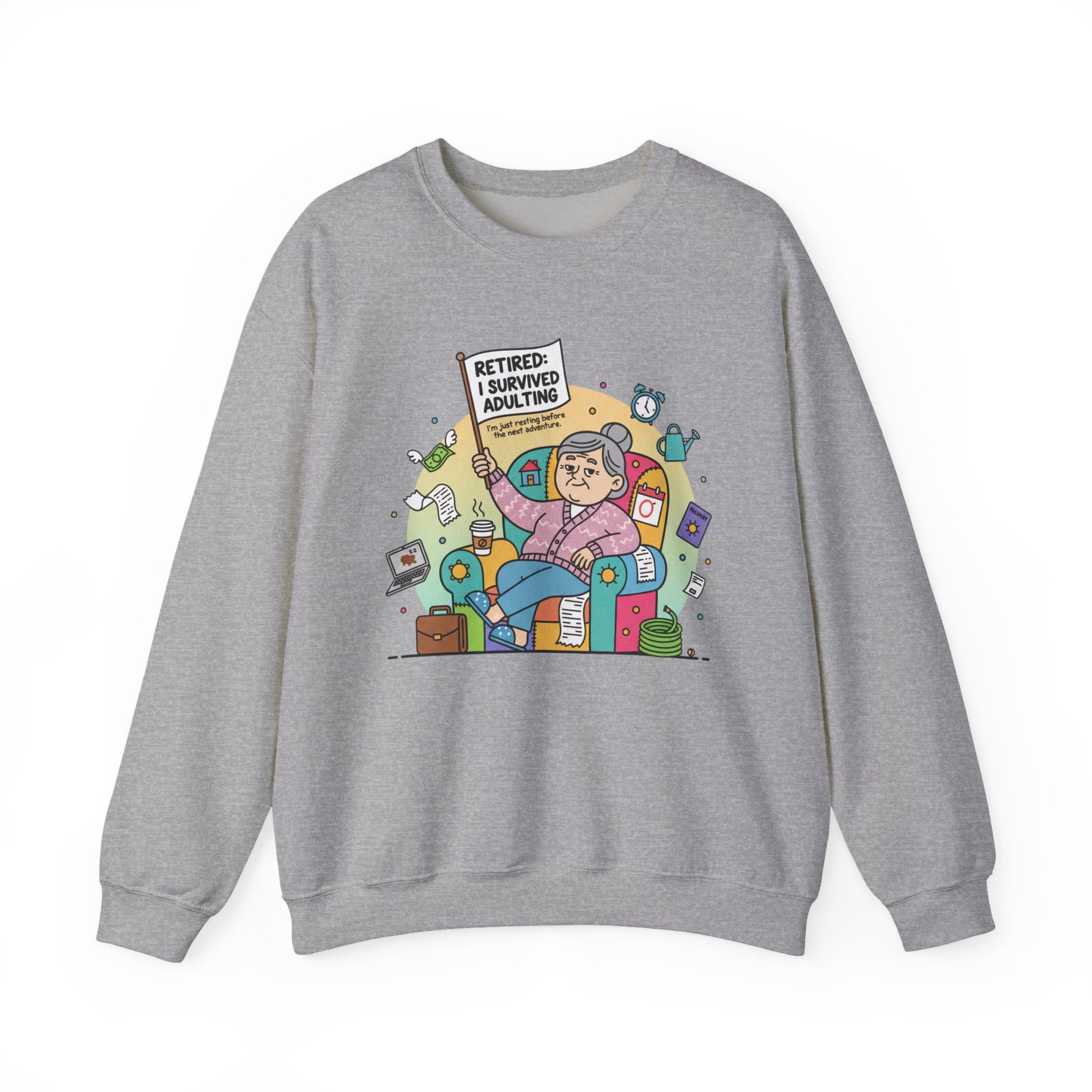 Gray sweatshirt with a colorful graphic design on a white background