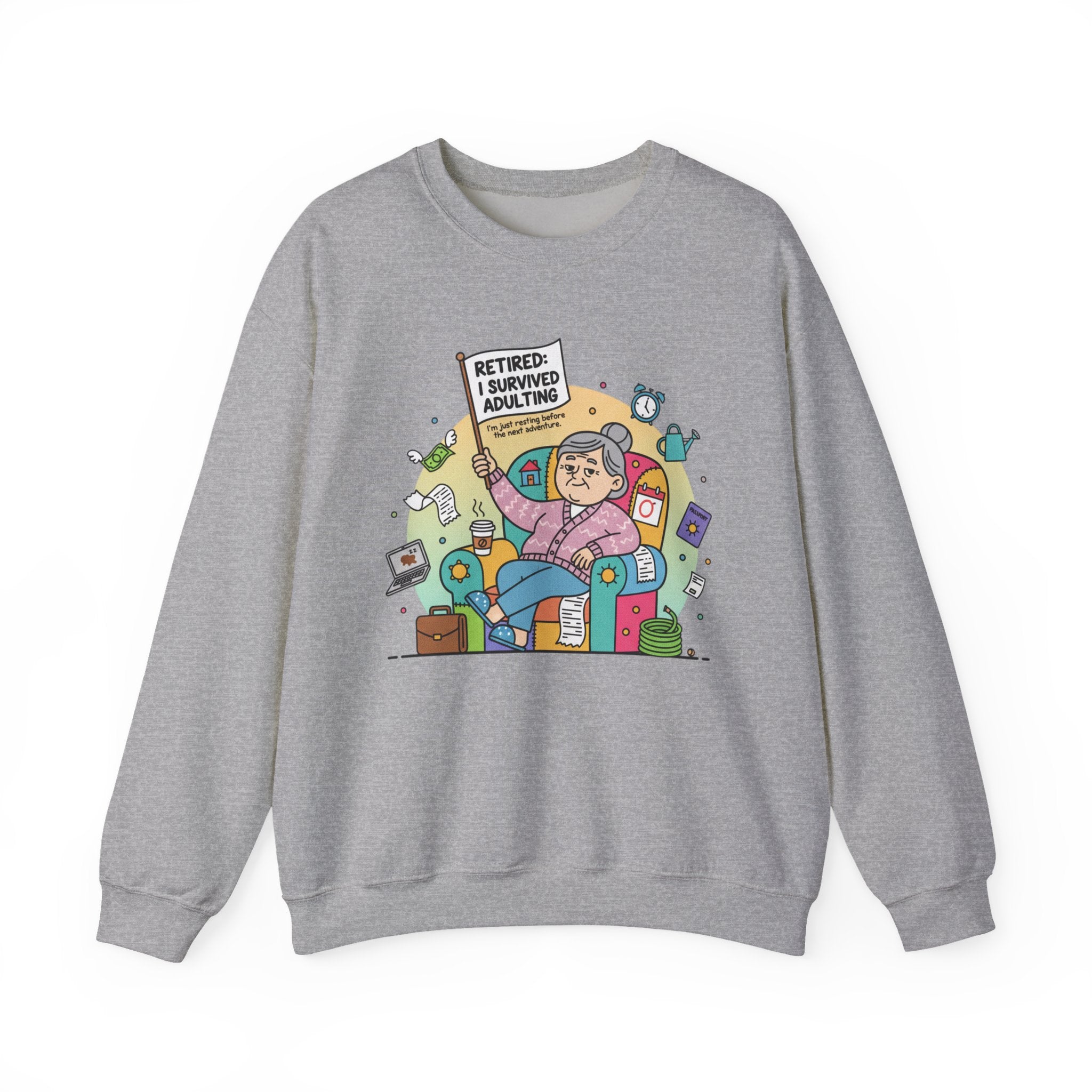 Gray sweatshirt with a colorful graphic design on a white background