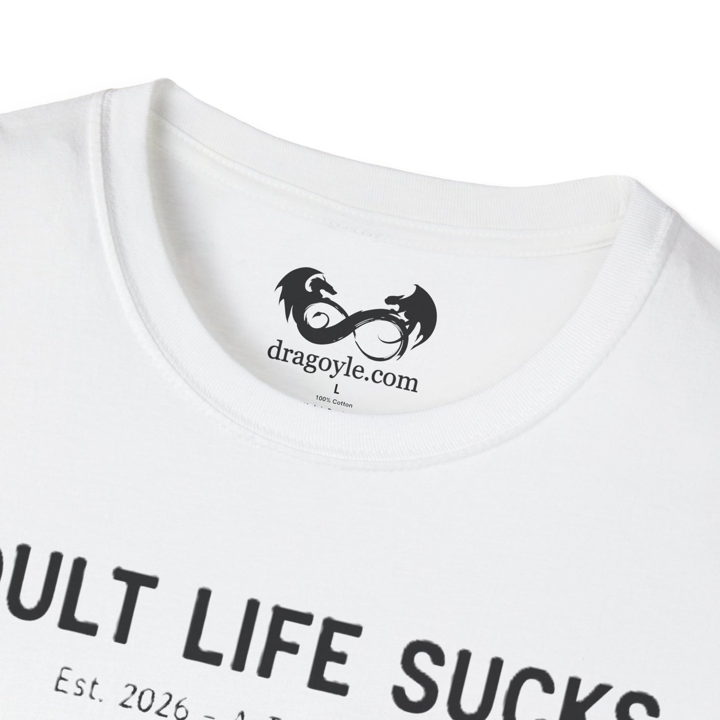 White t-shirt with black text and logo on a white background