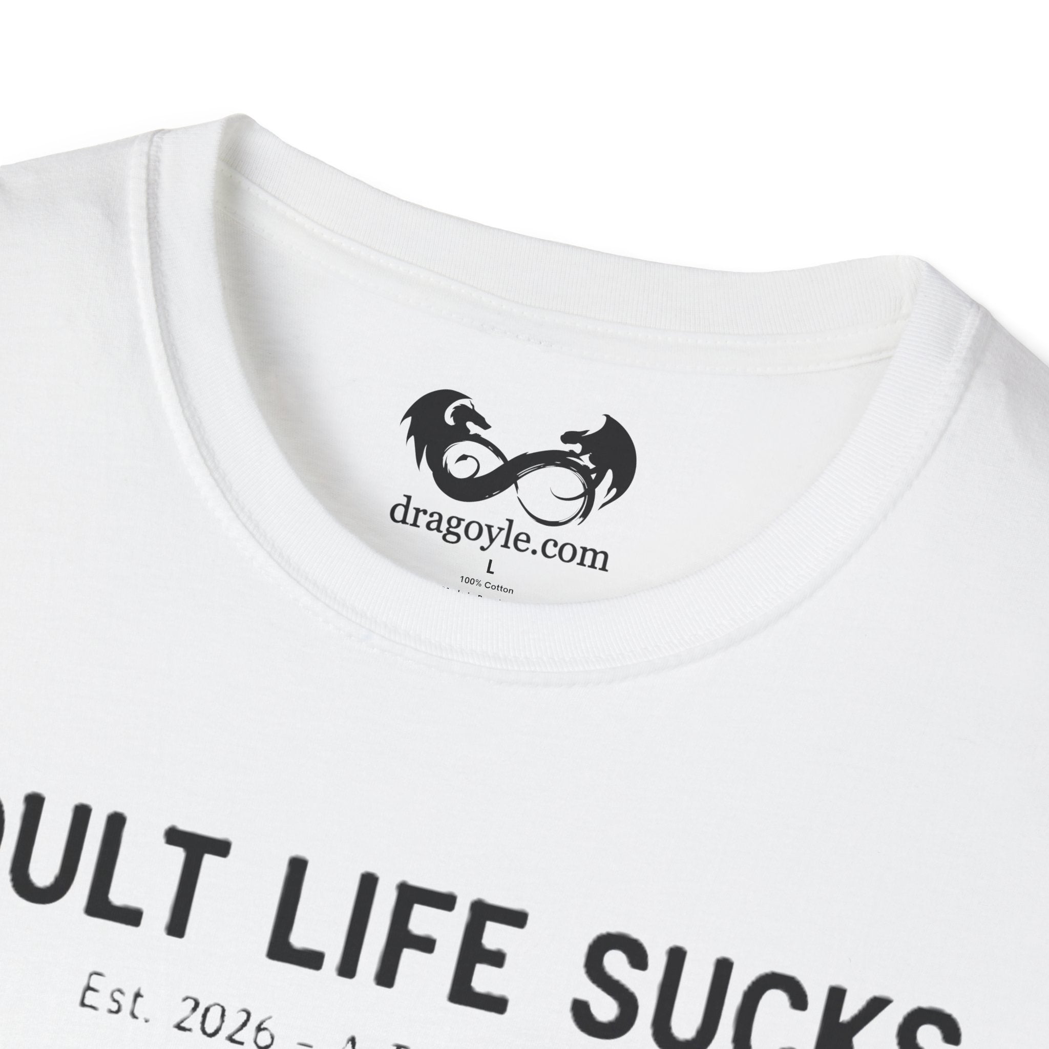 White t-shirt with black text and logo on a white background