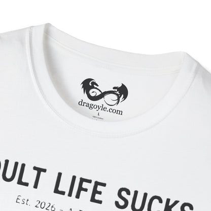 White t-shirt with black text and logo on a white background