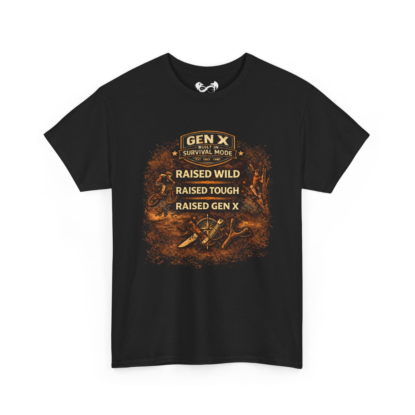 Black t-shirt with graphic design and text on a white background