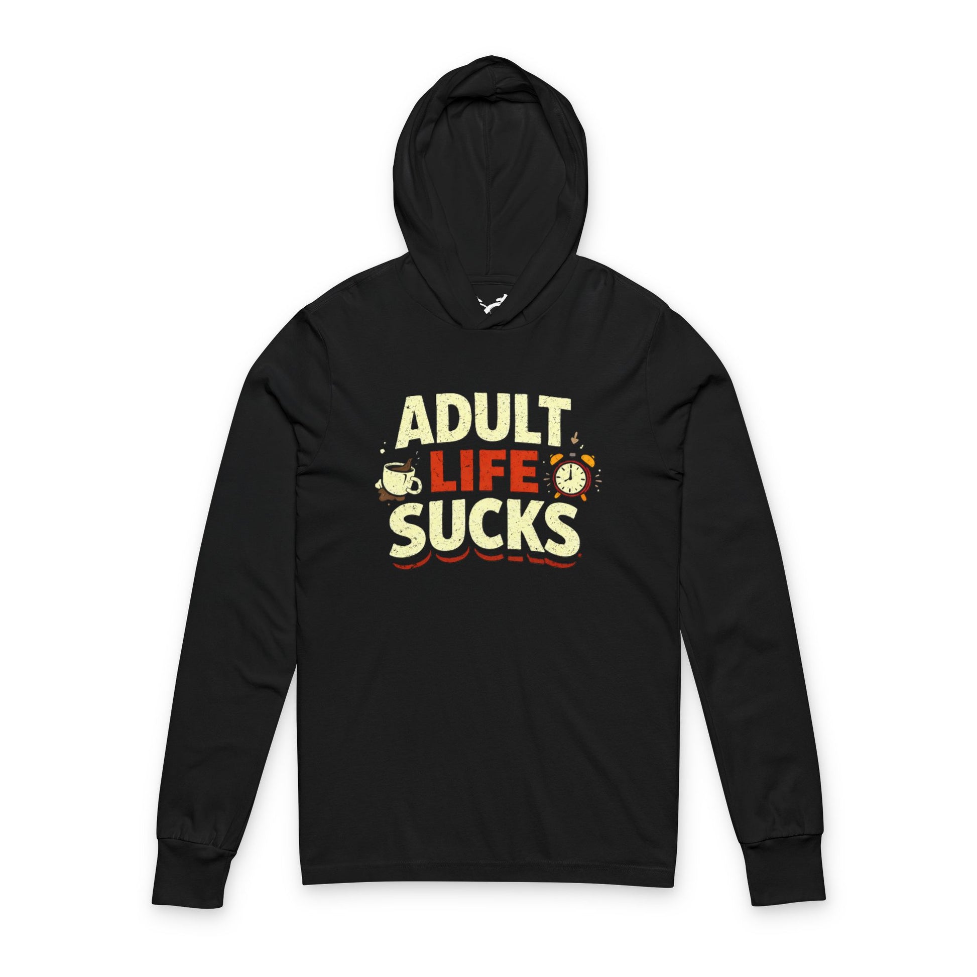 Black hoodie with 'Adult Life Sucks' text on a white background
