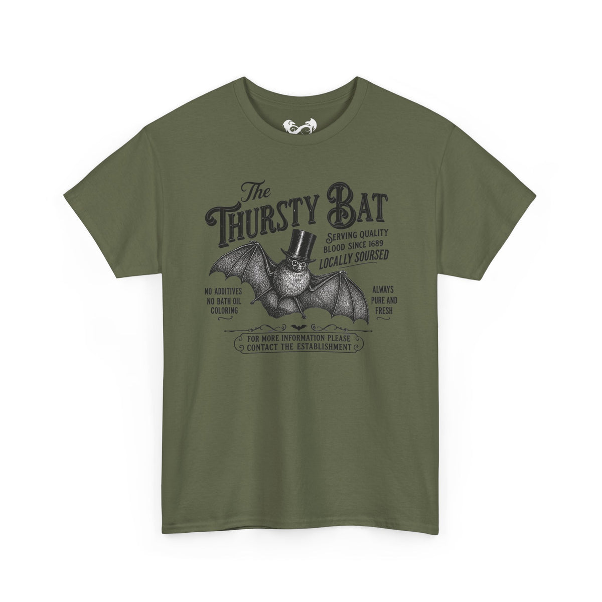 An olive green short-sleeve t-shirt with a vintage-style black graphic of a bat wearing a top hat and the text 'The Thirsty Bat'.