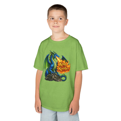 A child wearing a bright green t-shirt with a graphic of a blue dragon and the text 'King Kooper' in orange and yellow, set against a plain white background.
