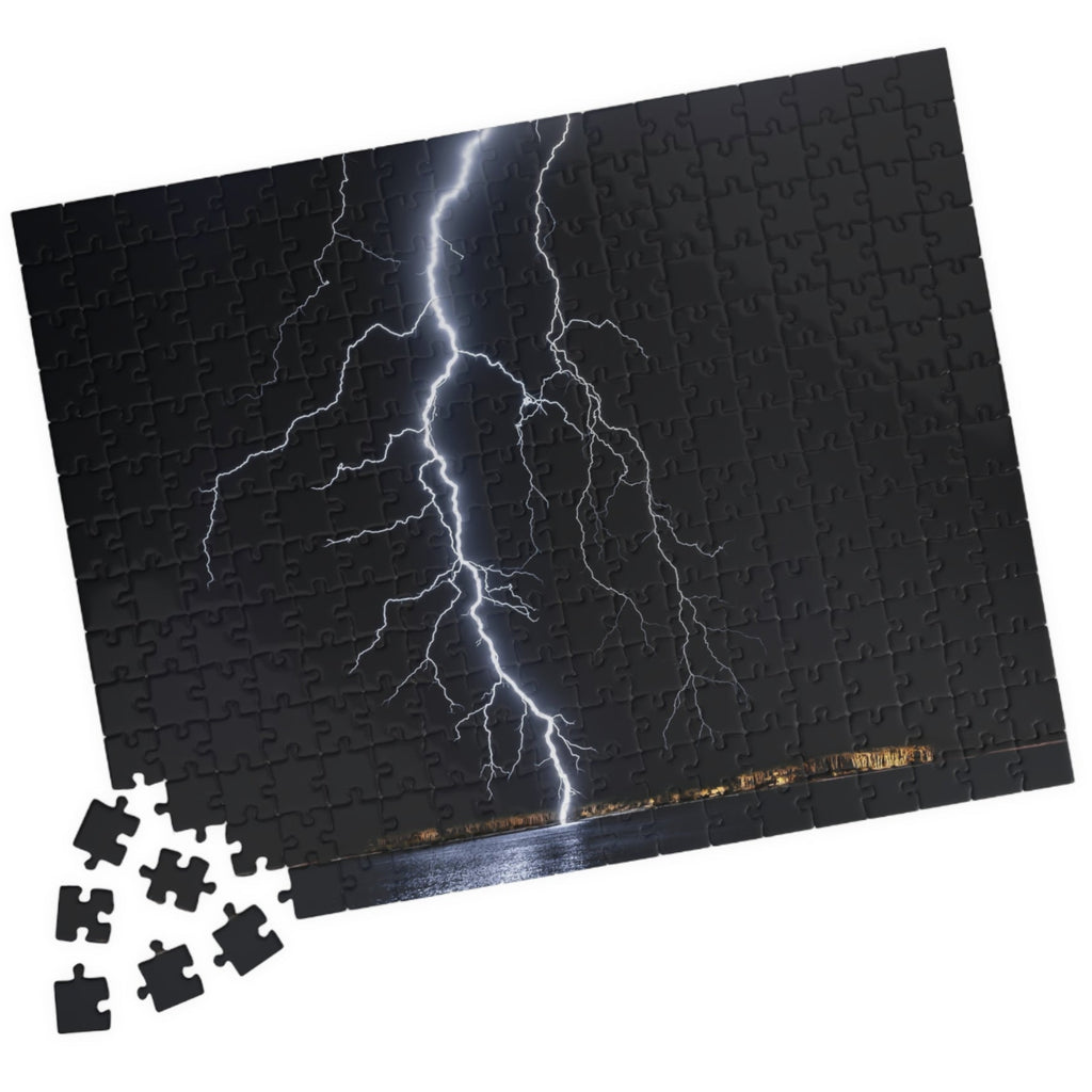 Experience the awe-inspiring beauty of nature with our Lightening Strikes Water Puzzle. This 110 to 1014 piece puzzle features a striking image of a lightning storm over a serene body of water. Challenge your mind and calm your soul with this captivating puzzle.