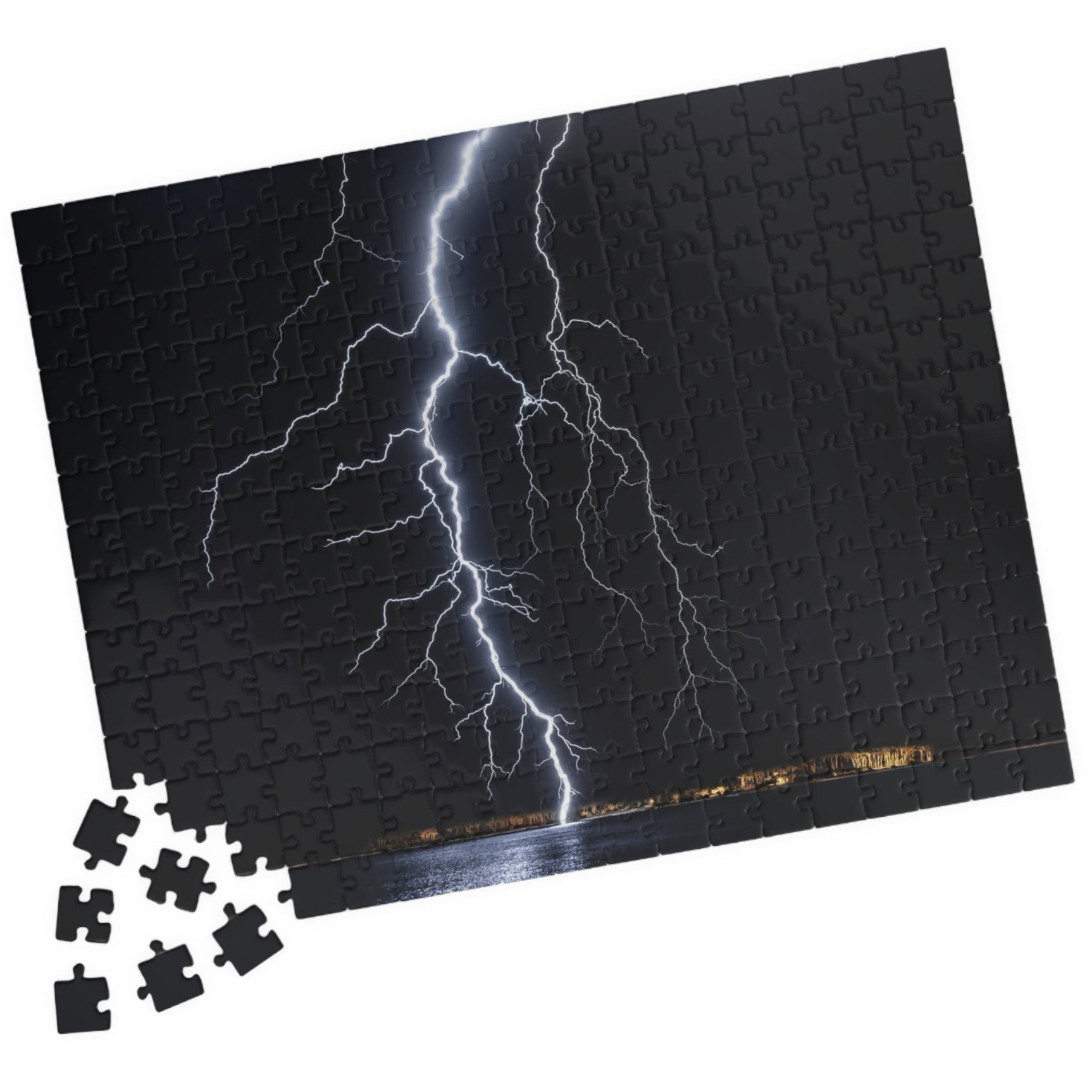 Experience the awe-inspiring beauty of nature with our Lightening Strikes Water Puzzle. This 110 to 1014 piece puzzle features a striking image of a lightning storm over a serene body of water. Challenge your mind and calm your soul with this captivating puzzle.