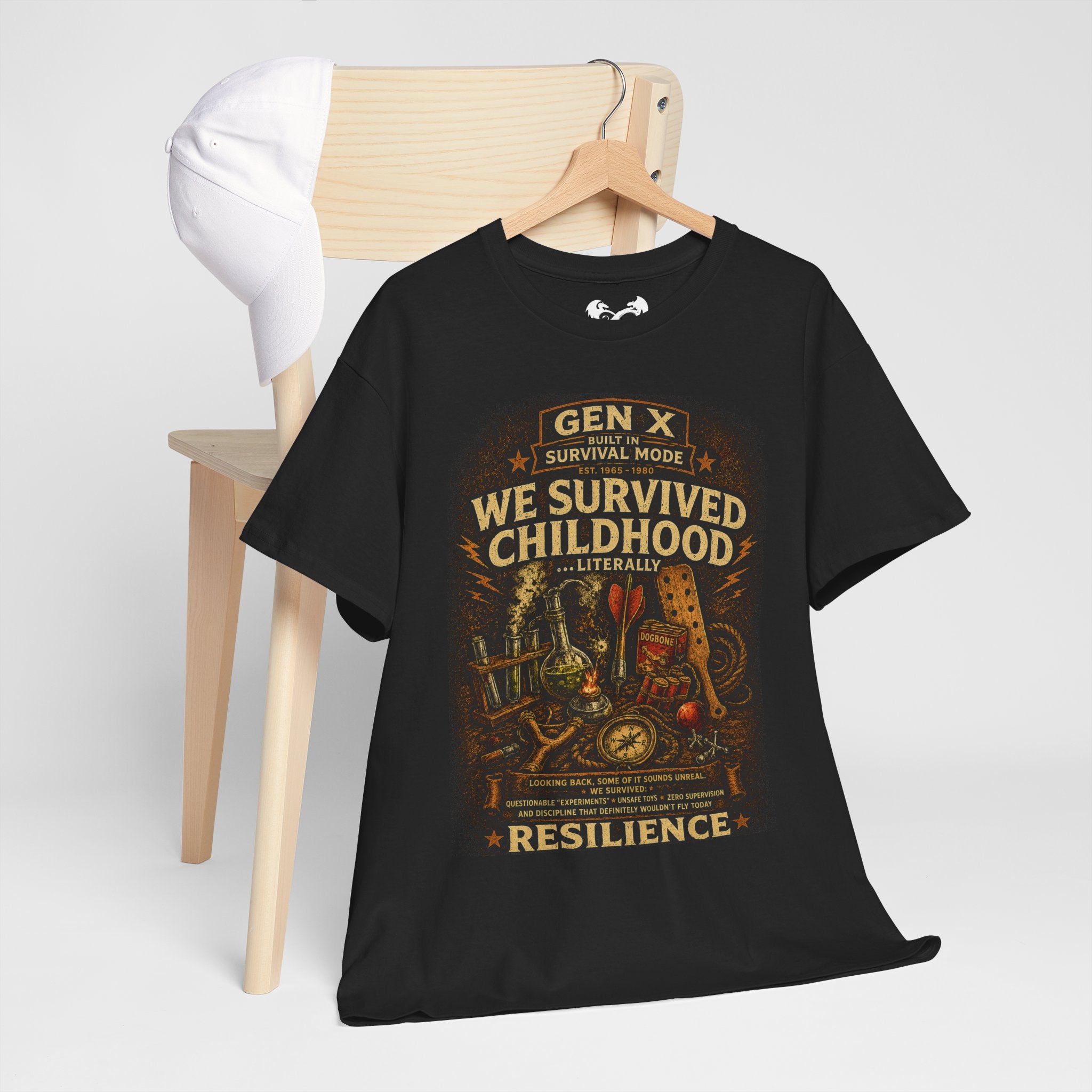 Black t-shirt with colorful graphic design on a wooden hanger against a white background