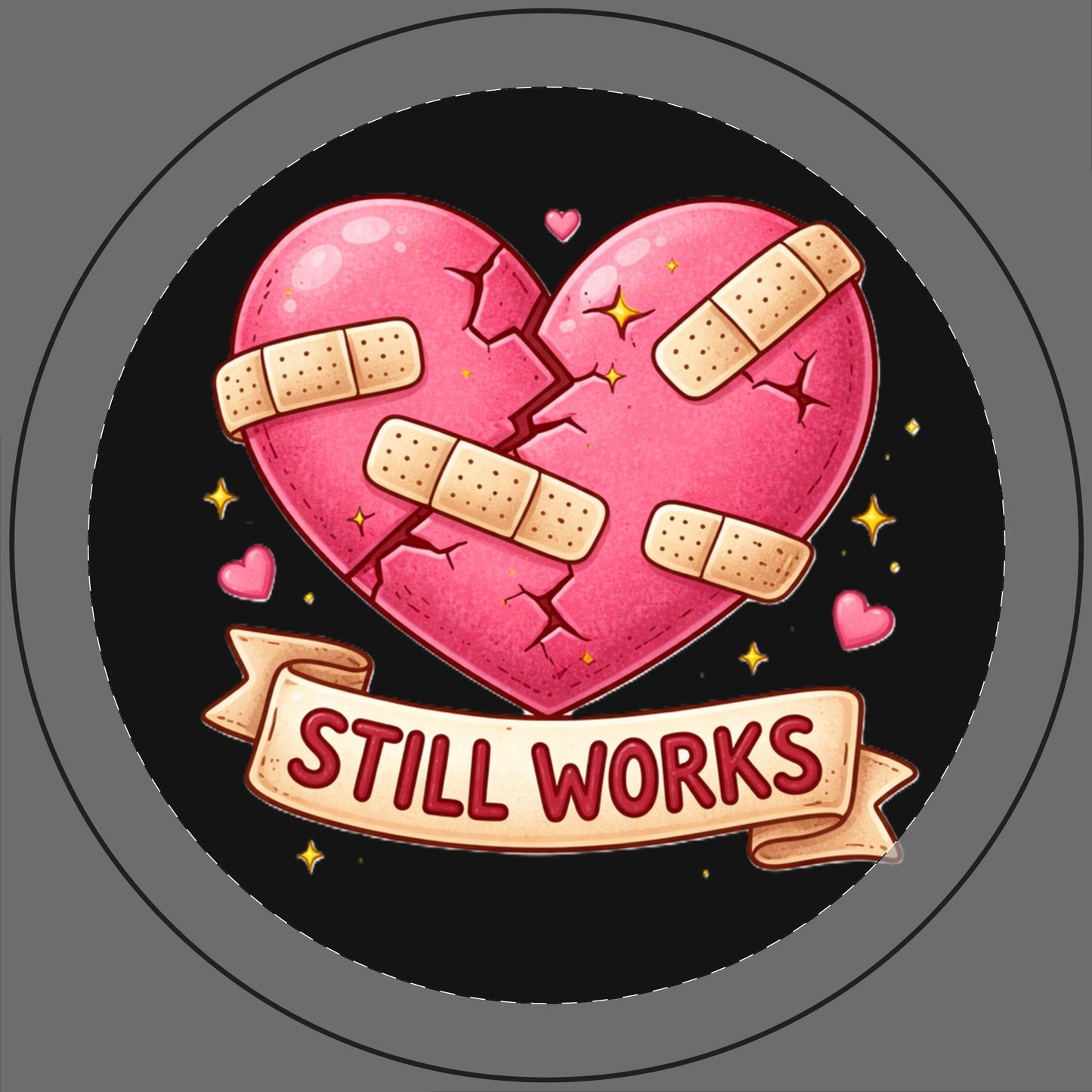 Heart with bandages and 'STILL WORKS' banner on a black background