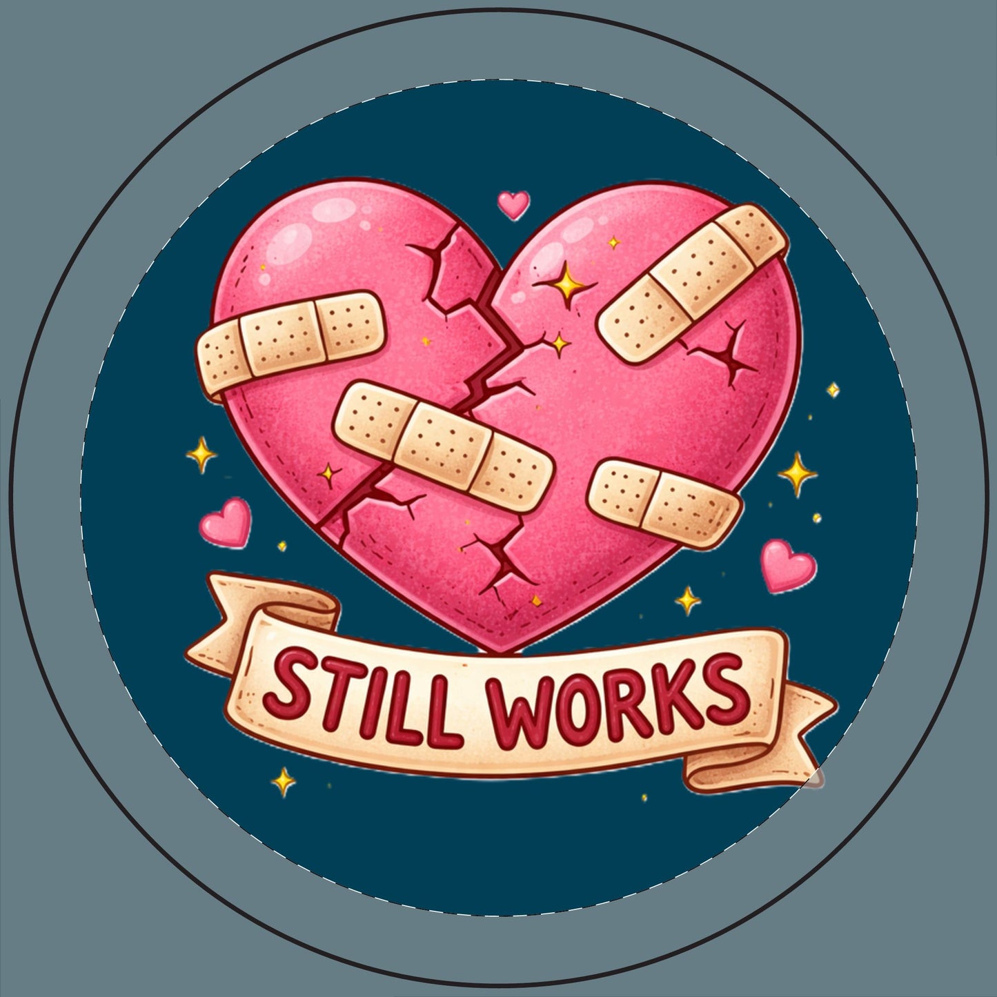Heart with bandages and 'Still Works' banner on a blue background