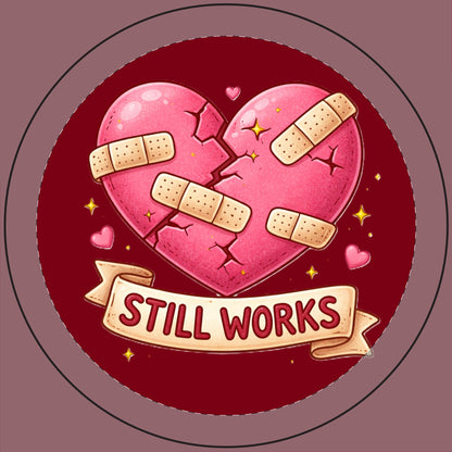 Heart with bandages and 'STILL WORKS' banner on a red background