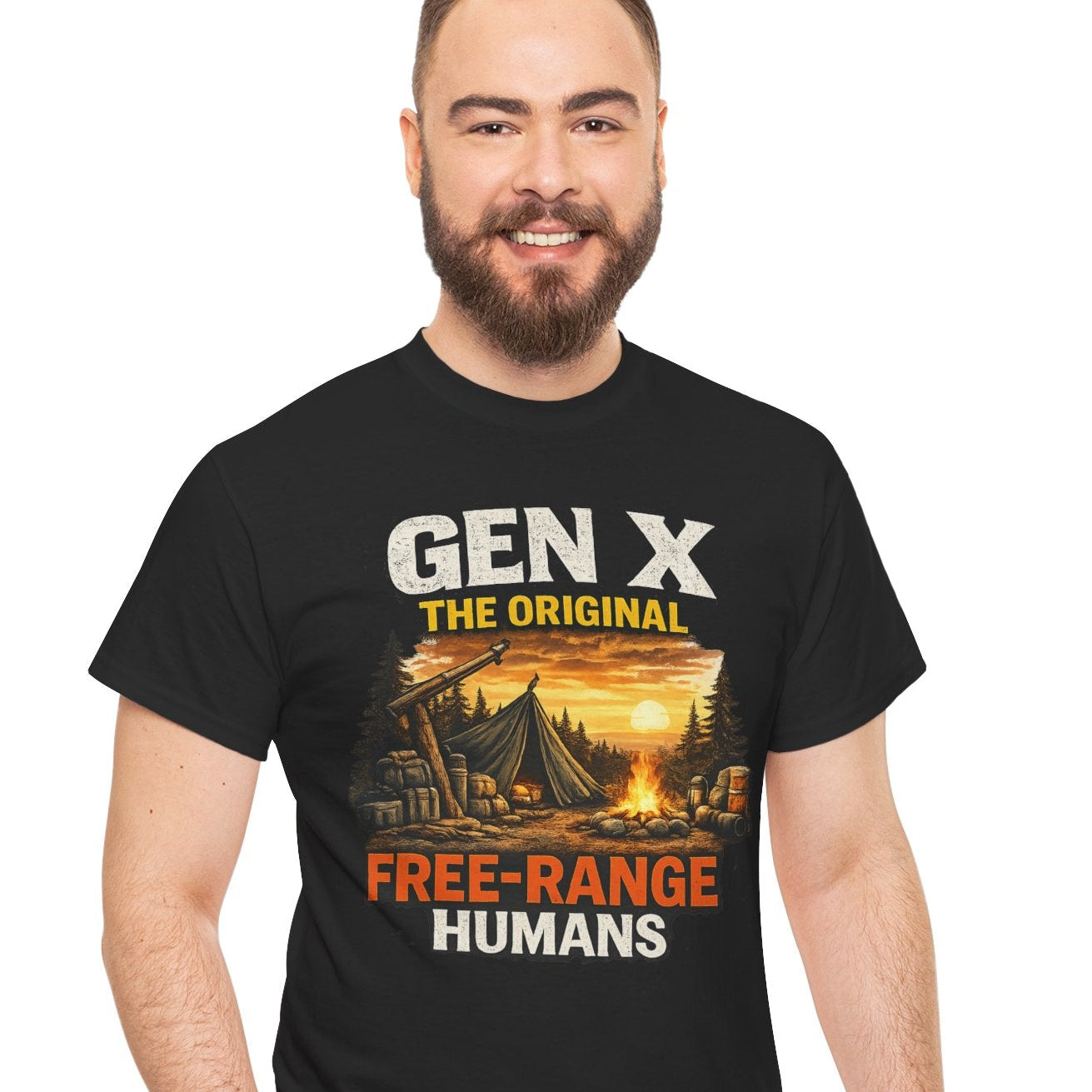 Man wearing a black t-shirt with 'Gen X The Original Free-Range Humans' graphic design.