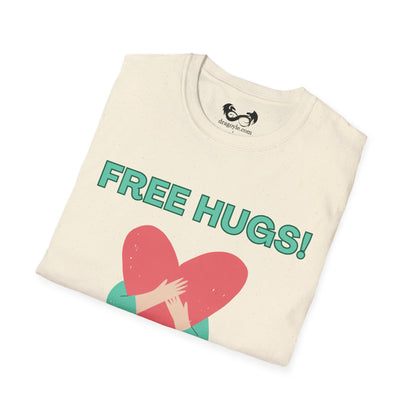 Folded t-shirt with 'FREE HUGS!' text and heart design on a white background