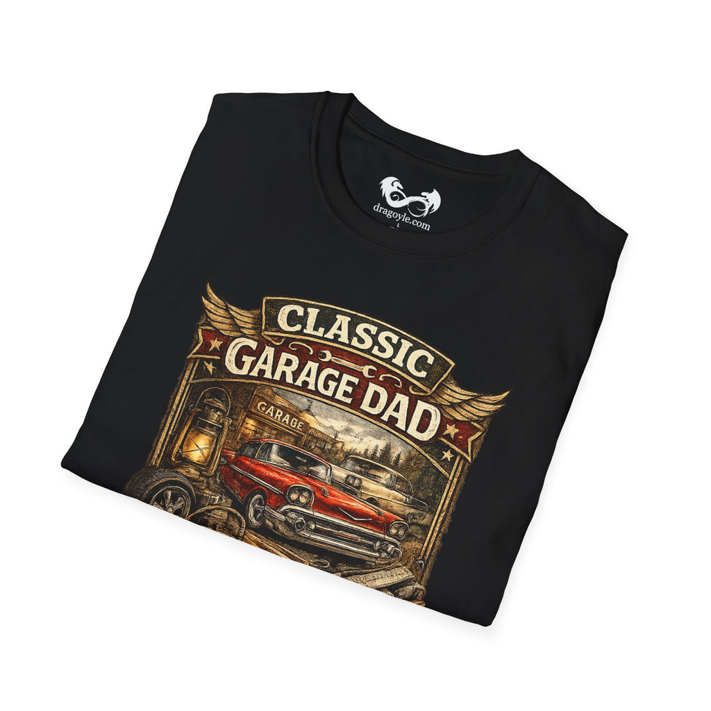 Folded black t-shirt with 'Classic Garage Dad' graphic design on a white background