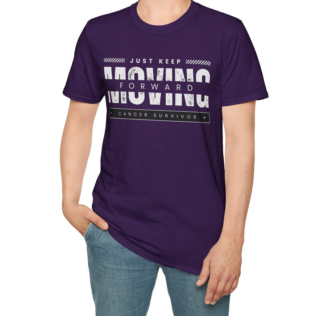 This unisex t-shirt is a canvas for self-expression, crafted for those who embrace resilience. With the phrase "Just Keep Moving Forward - Cancer Survivor" emblazoned across the chest, it celebrates strength and spirit.