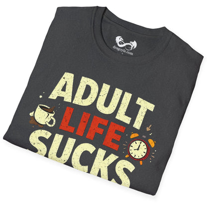 Folded black t-shirt with 'Adult Life Sucks' text and graphics on a white background