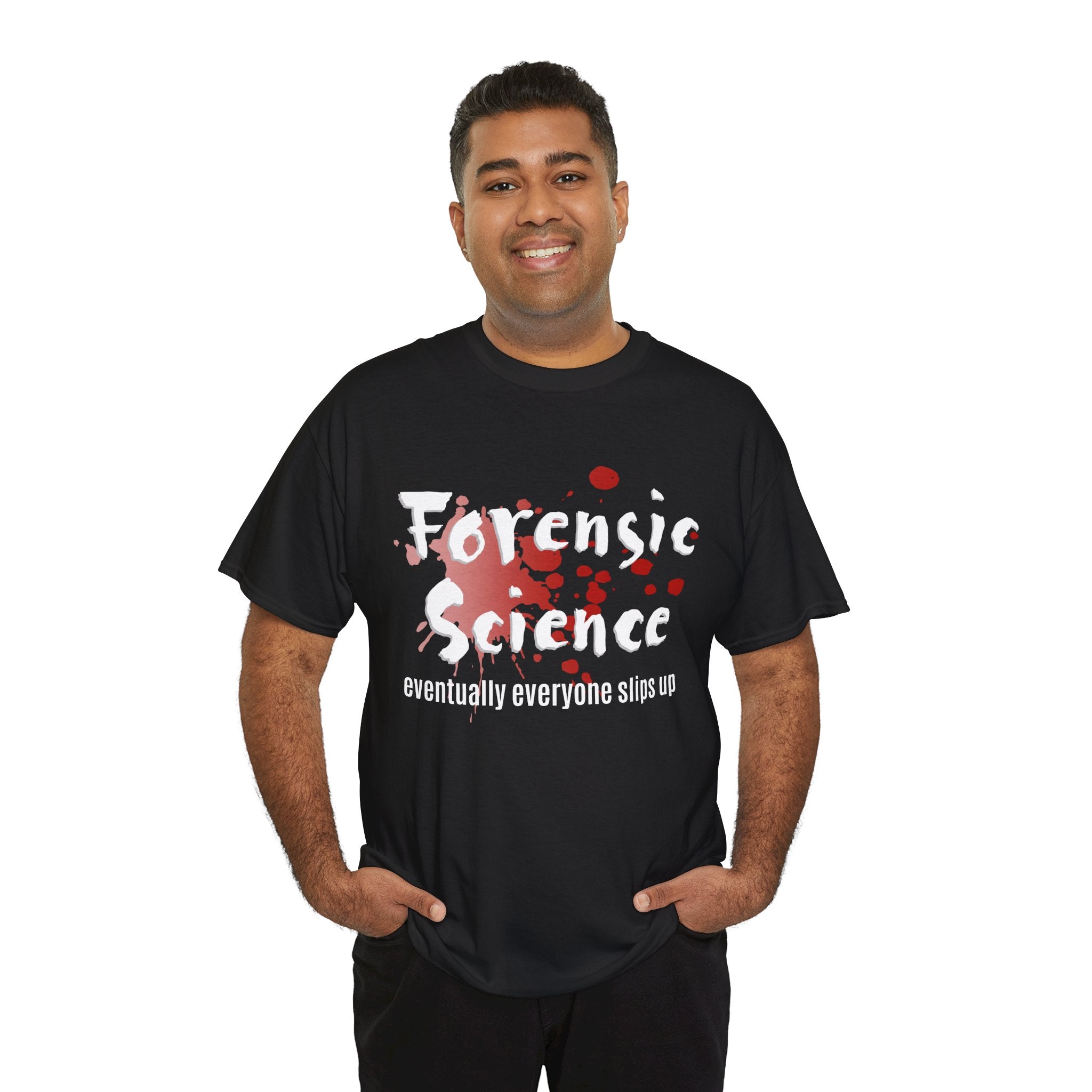 Man wearing a black t-shirt with 'Forensic Science Evidence doesn't lie' text and design.