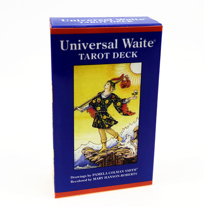 Tarot deck packaging with a colorful illustration on a blue background