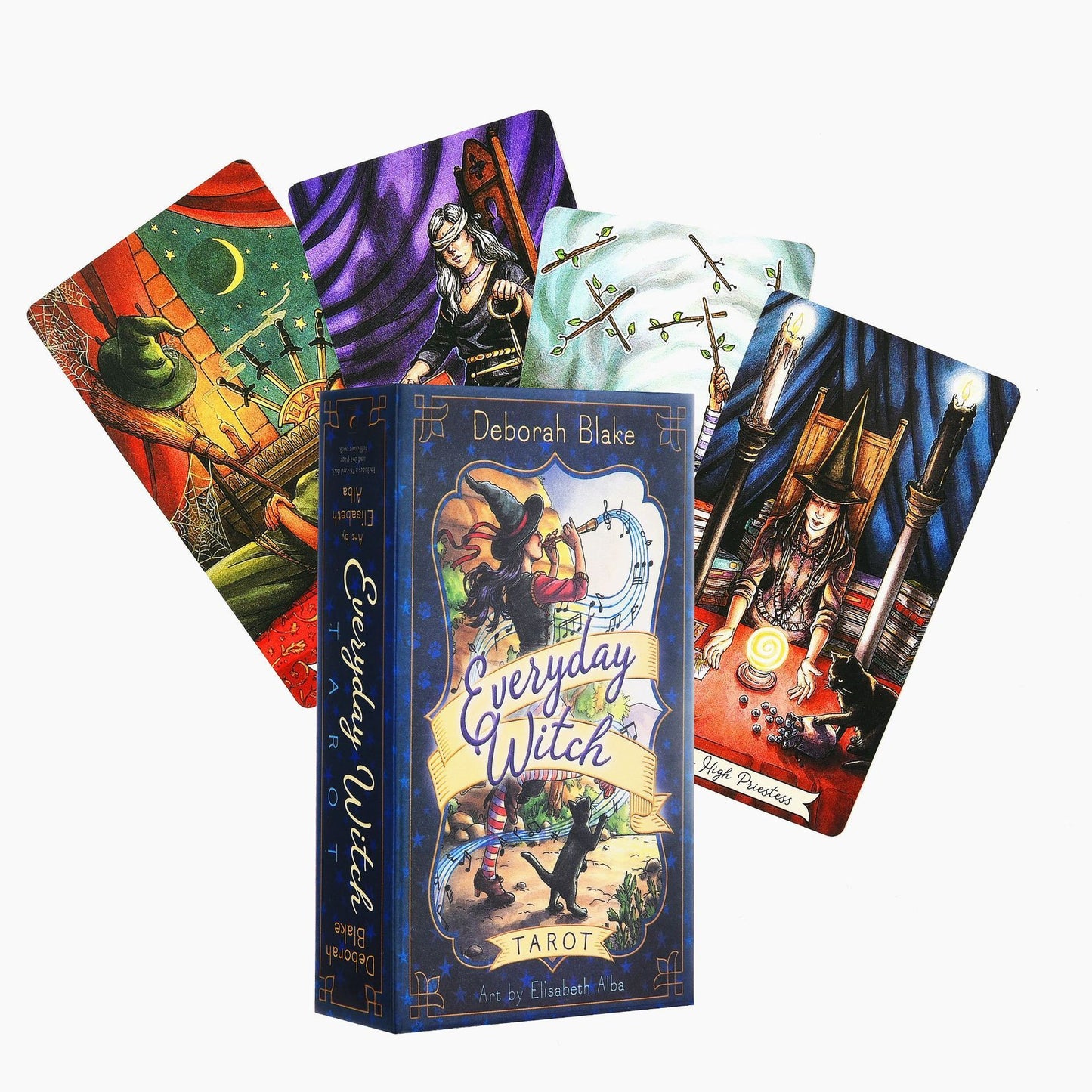 Tarot card set with colorful cards and a blue box titled 'Everyday Witch Tarot' by Deborah Blake.