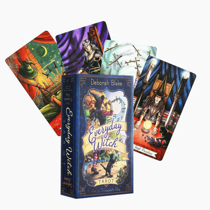 Tarot card set with colorful cards and a blue box titled 'Everyday Witch Tarot' by Deborah Blake.