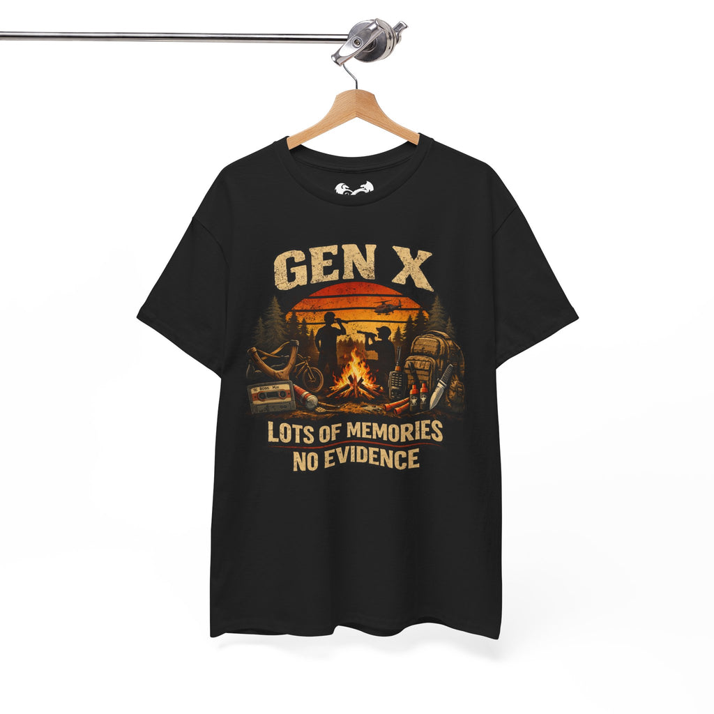 Black t-shirt with 'GEN X Lots of memories No evidence' graphic on a hanger against a white background