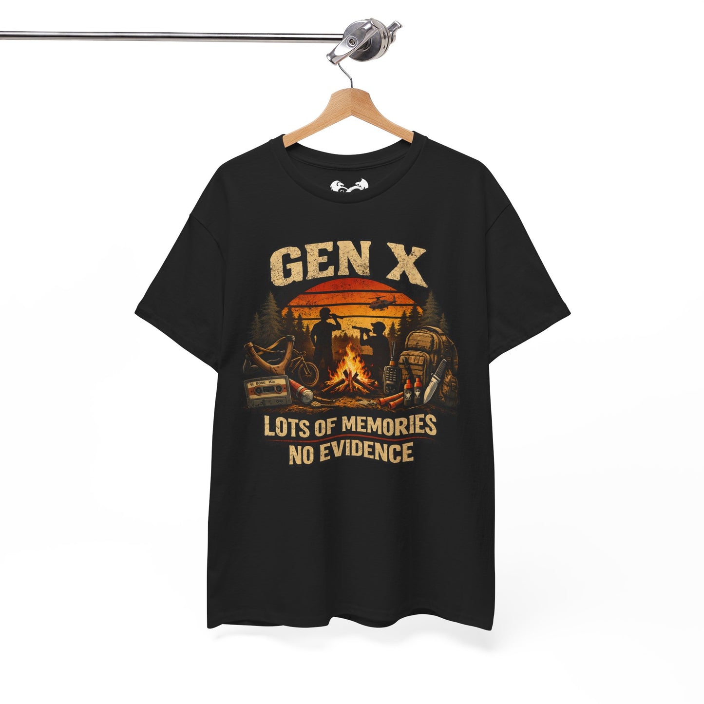 Black t-shirt with 'GEN X Lots of memories No evidence' graphic on a hanger against a white background
