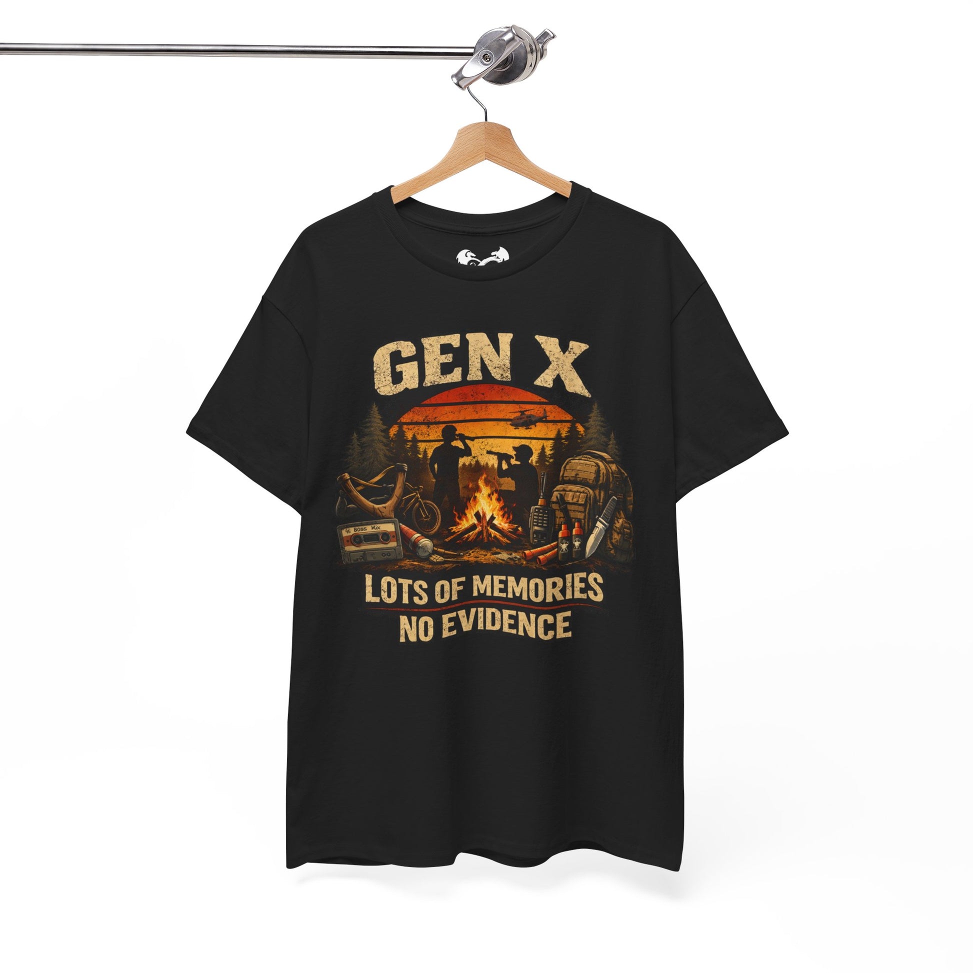 Black t-shirt with 'GEN X Lots of memories No evidence' graphic on a hanger against a white background