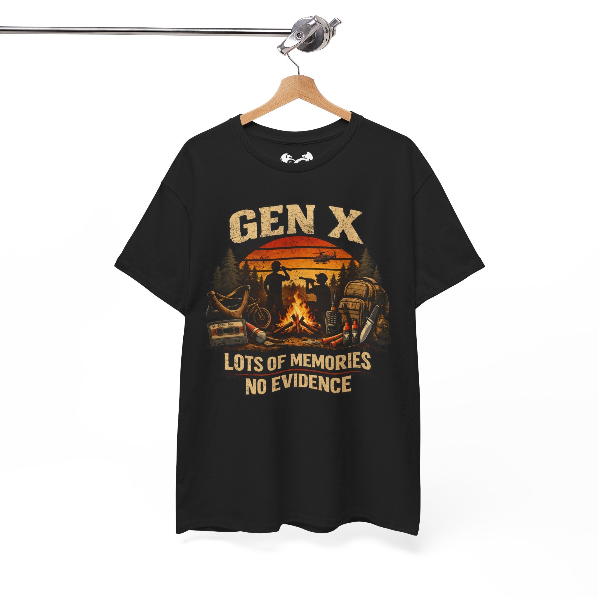 Black t-shirt with 'GEN X Lots of memories No evidence' graphic on a hanger against a white background