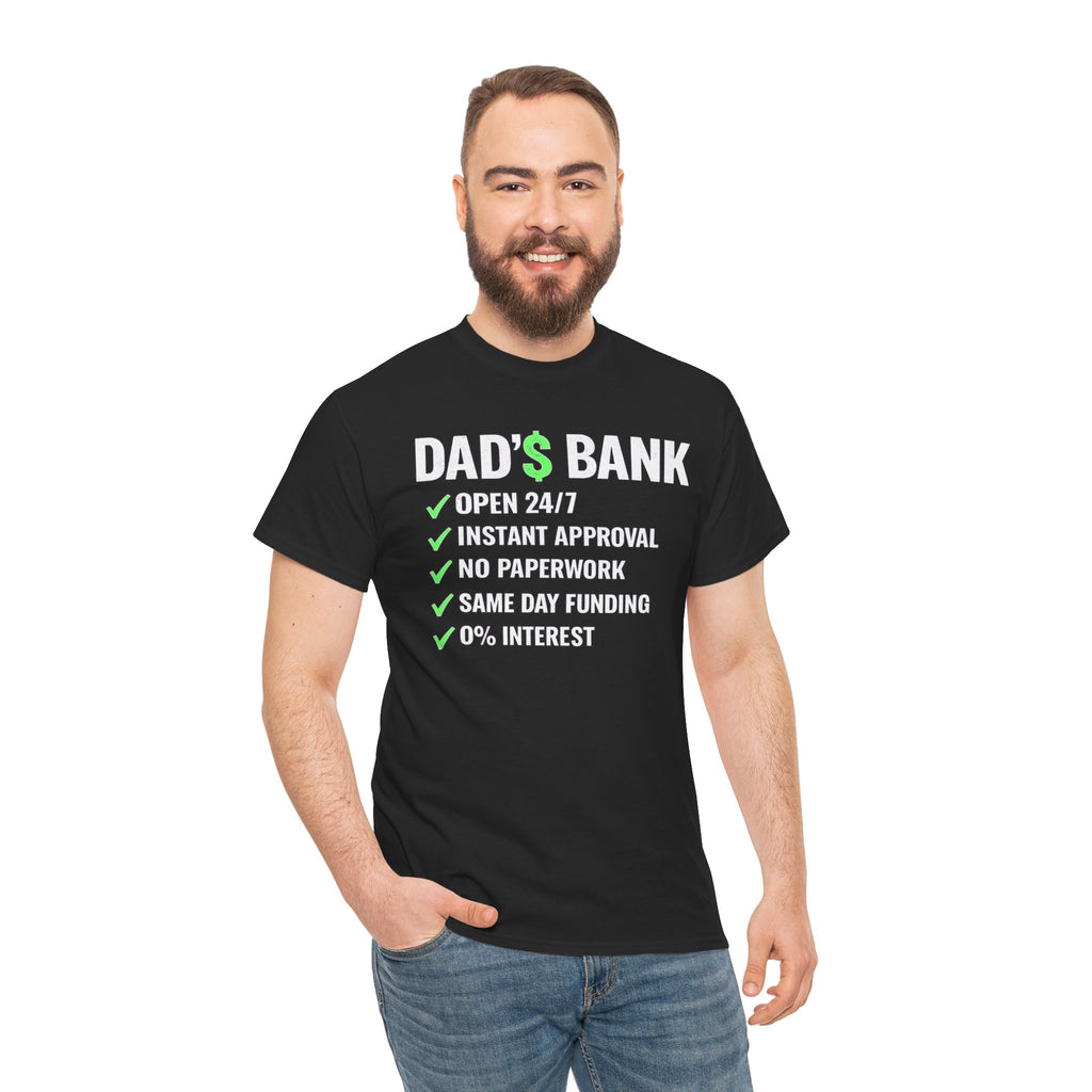 Man wearing a black t-shirt with humorous text design on a white background
