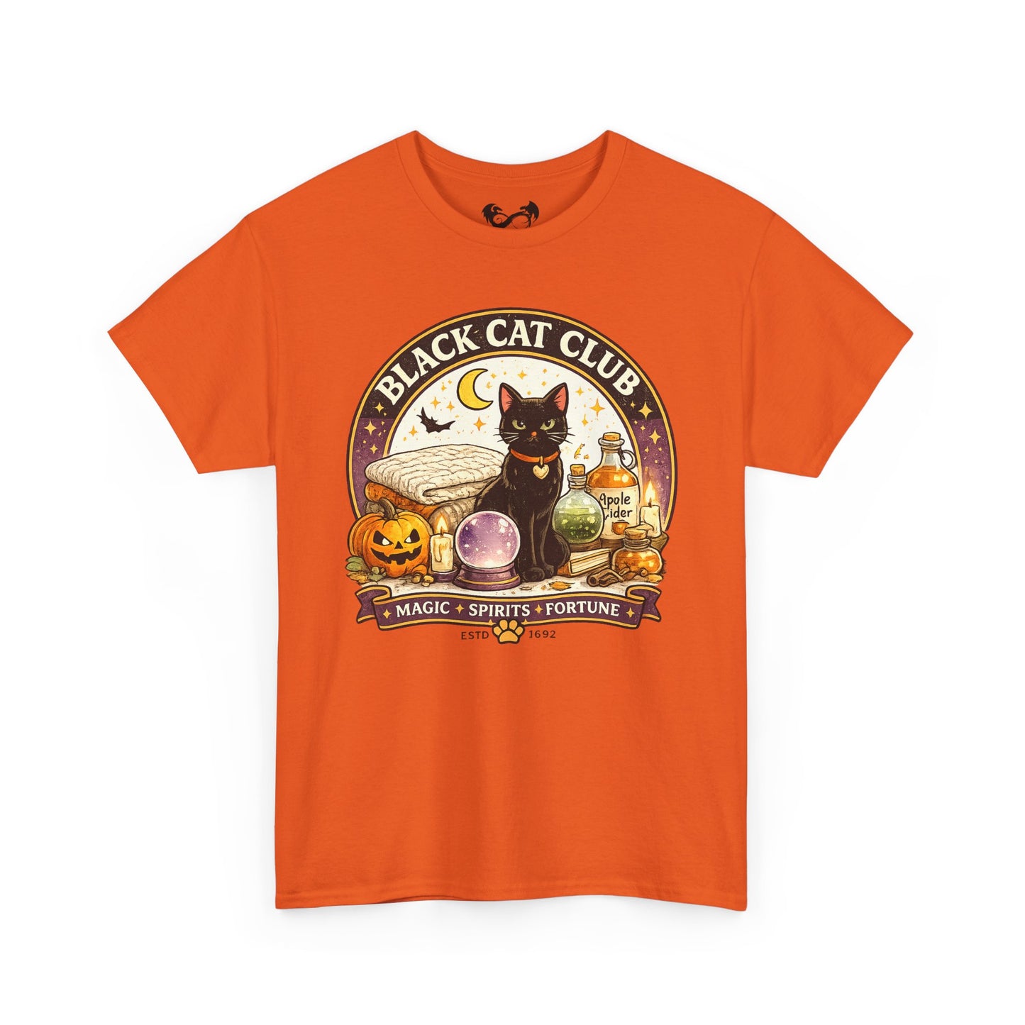 An orange short-sleeve crewneck t-shirt featuring a circular graphic print of a black cat, a pumpkin, a crystal ball, and potion bottles with the text 'BLACK CAT CLUB' and 'MAGIC * SPIRITS * FORTUNE'.