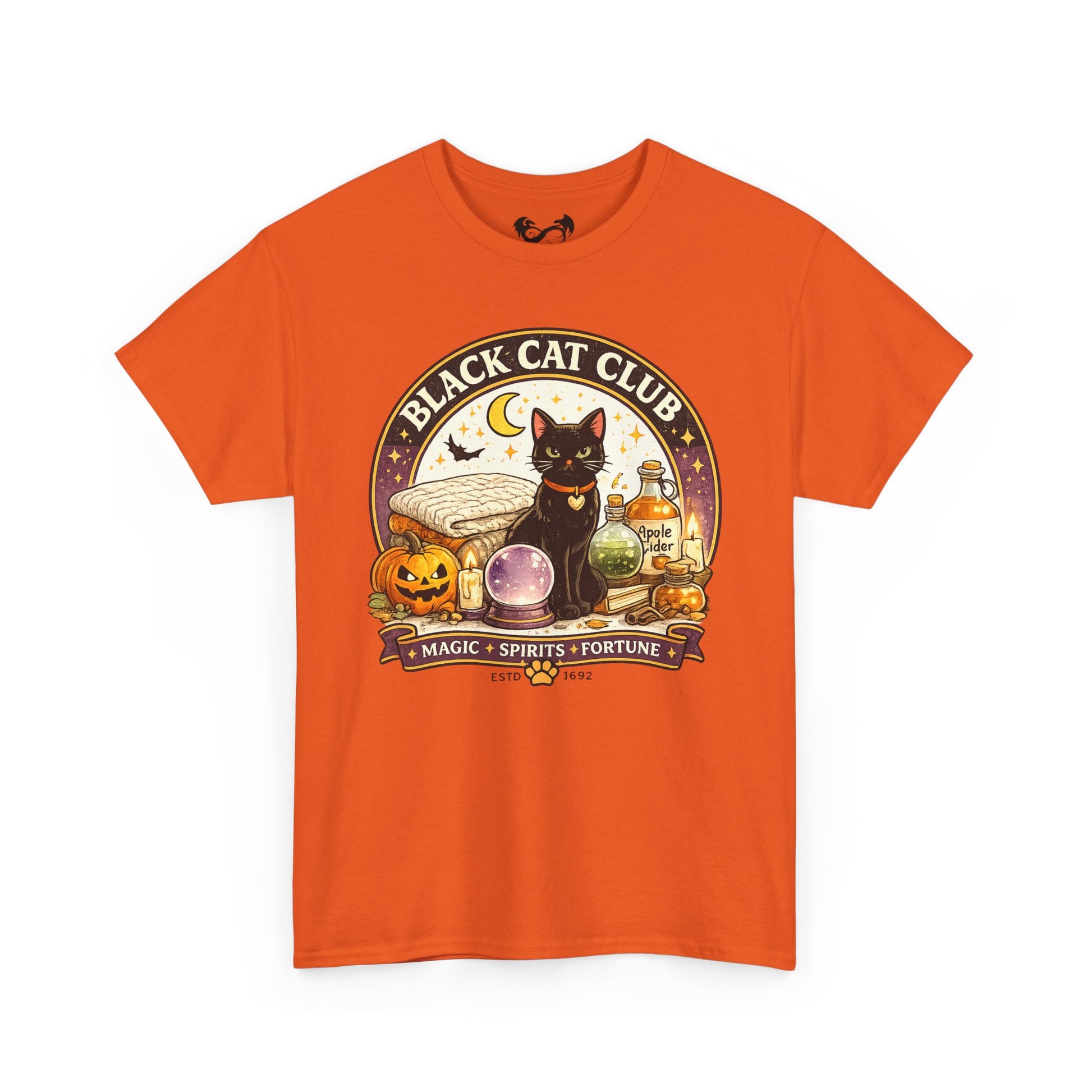 An orange short-sleeve crewneck t-shirt featuring a circular graphic print of a black cat, a pumpkin, a crystal ball, and potion bottles with the text 'BLACK CAT CLUB' and 'MAGIC * SPIRITS * FORTUNE'.