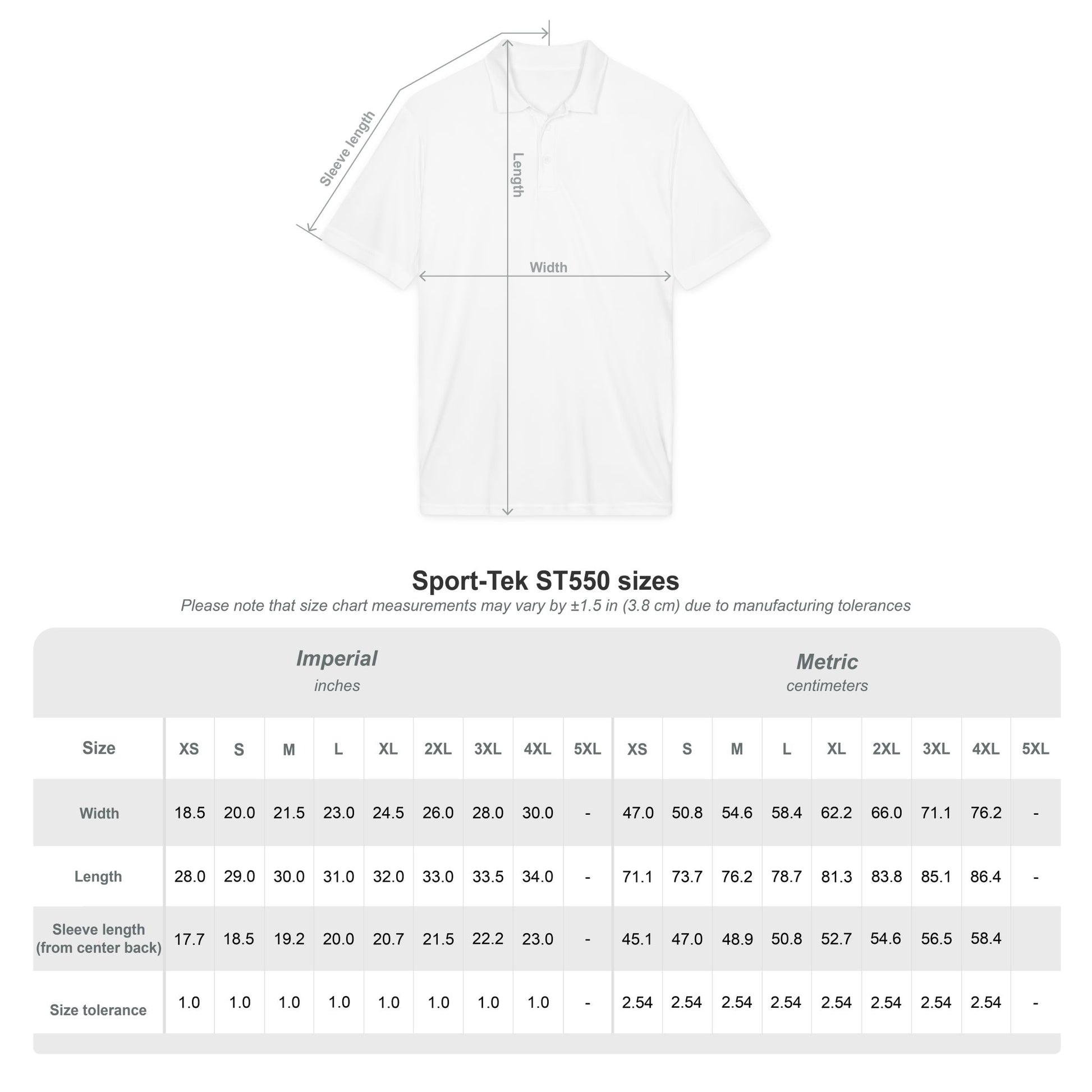 White t-shirt with measurement chart on a white background