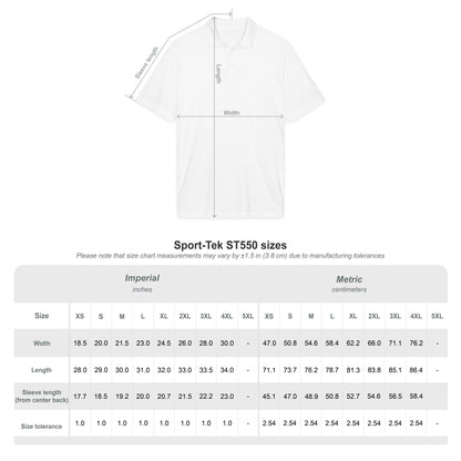 White t-shirt with measurement chart on a white background