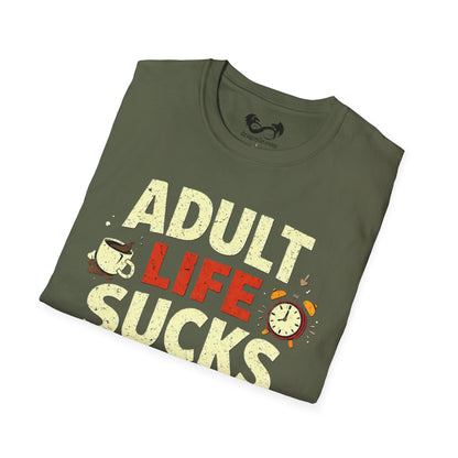 Folded green t-shirt with 'Adult Life Sucks' text and graphics on a white background