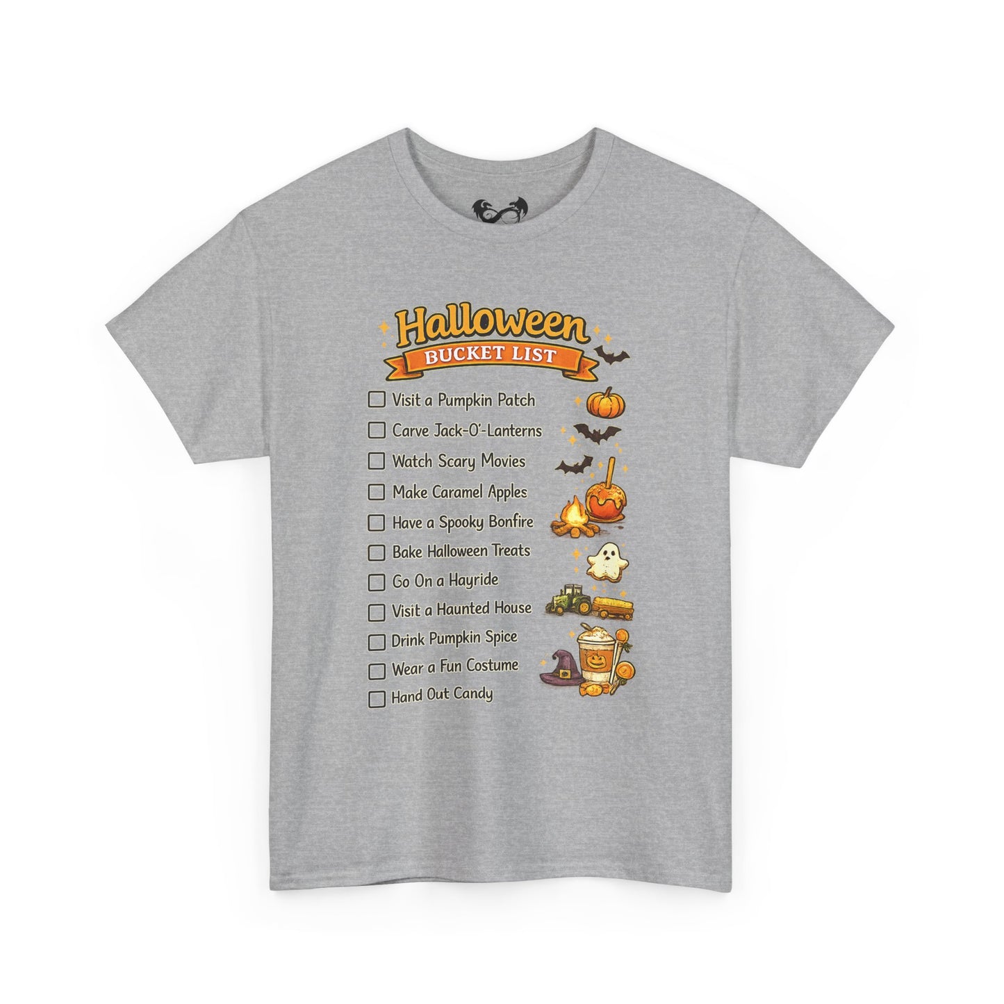 A heather gray short-sleeve t-shirt with a 'Halloween Bucket List' graphic printed on the chest, featuring various spooky illustrations like pumpkins, ghosts, and bats alongside a checklist of activities.