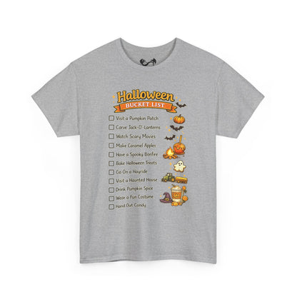 A heather gray short-sleeve t-shirt with a 'Halloween Bucket List' graphic printed on the chest, featuring various spooky illustrations like pumpkins, ghosts, and bats alongside a checklist of activities.