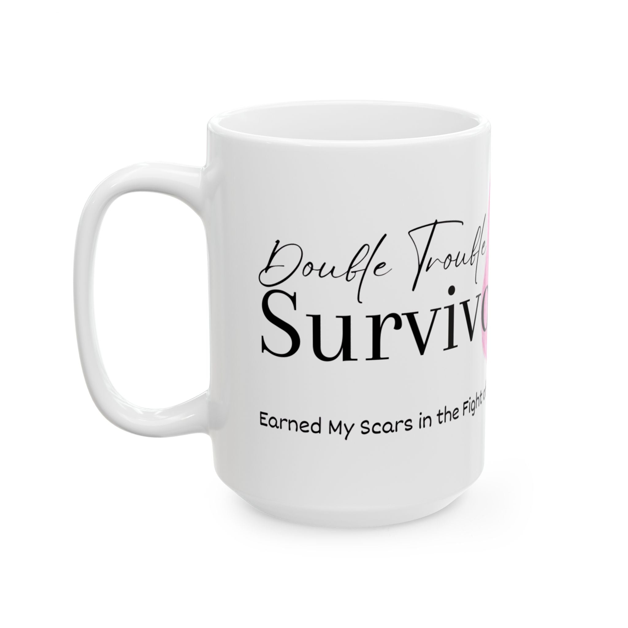 Show strength and resilience with the Double Trouble - Double Mastectomy Ceramic Mug. Designed to honor the journey of those who have faced double mastectomy, this mug offers a comforting way to start your day or share a moment with loved ones. 