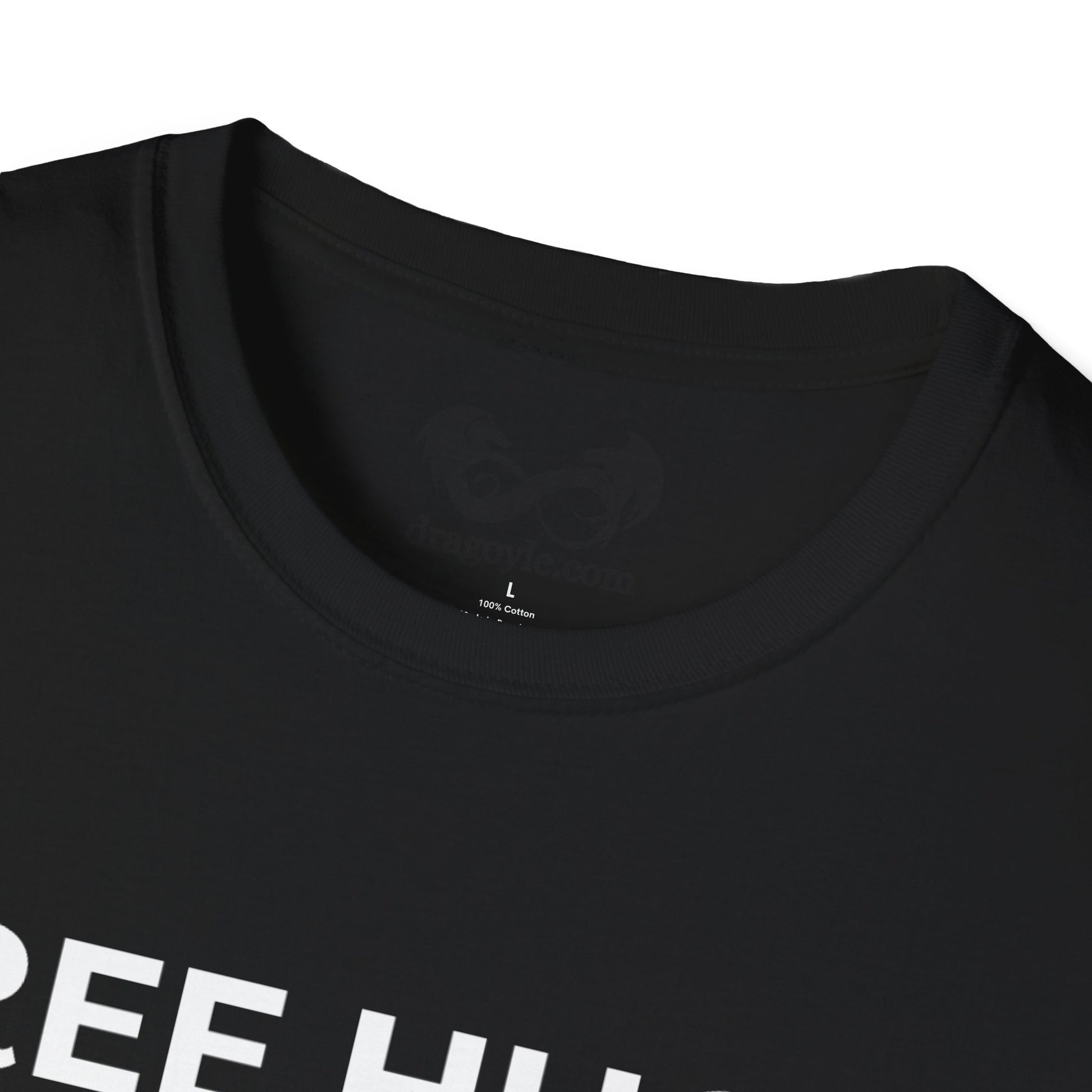 Black t-shirt with text on a white background