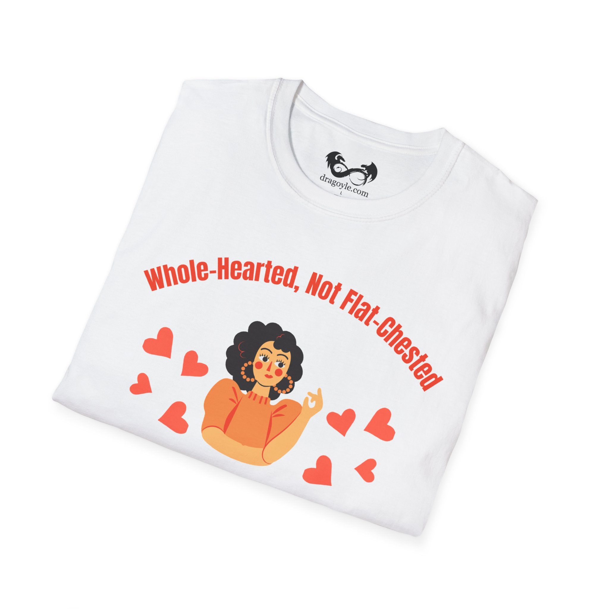 Folded white t-shirt with red text and illustration on a white background