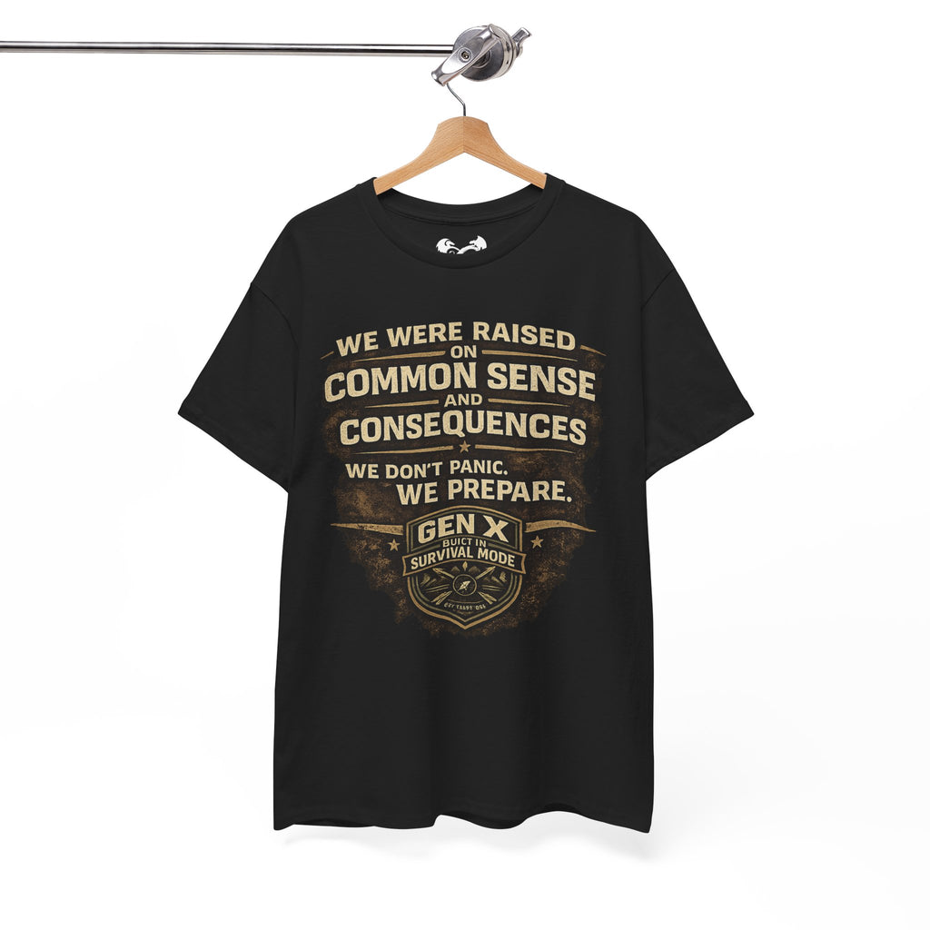Black t-shirt with a logo on a hanger against a white background