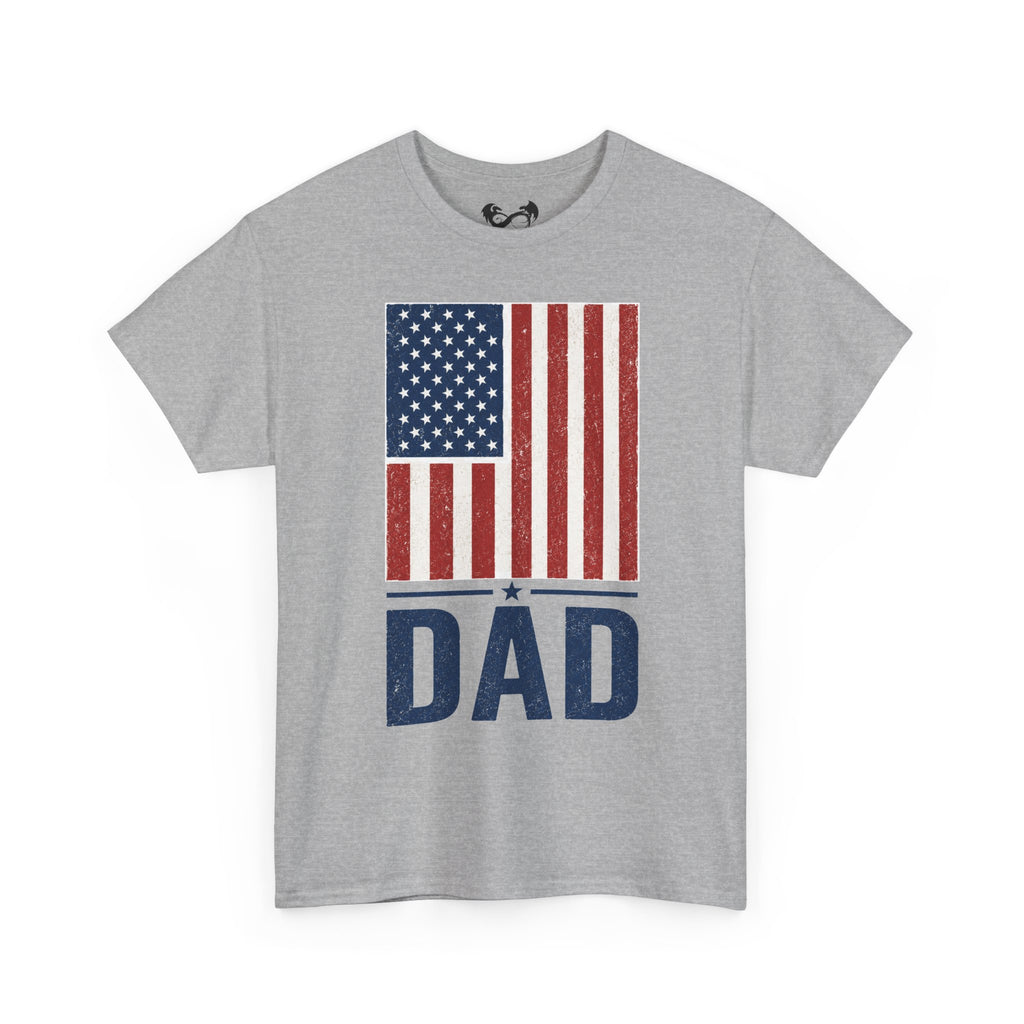 Gray t-shirt with American flag and 'DAD' text on a white background