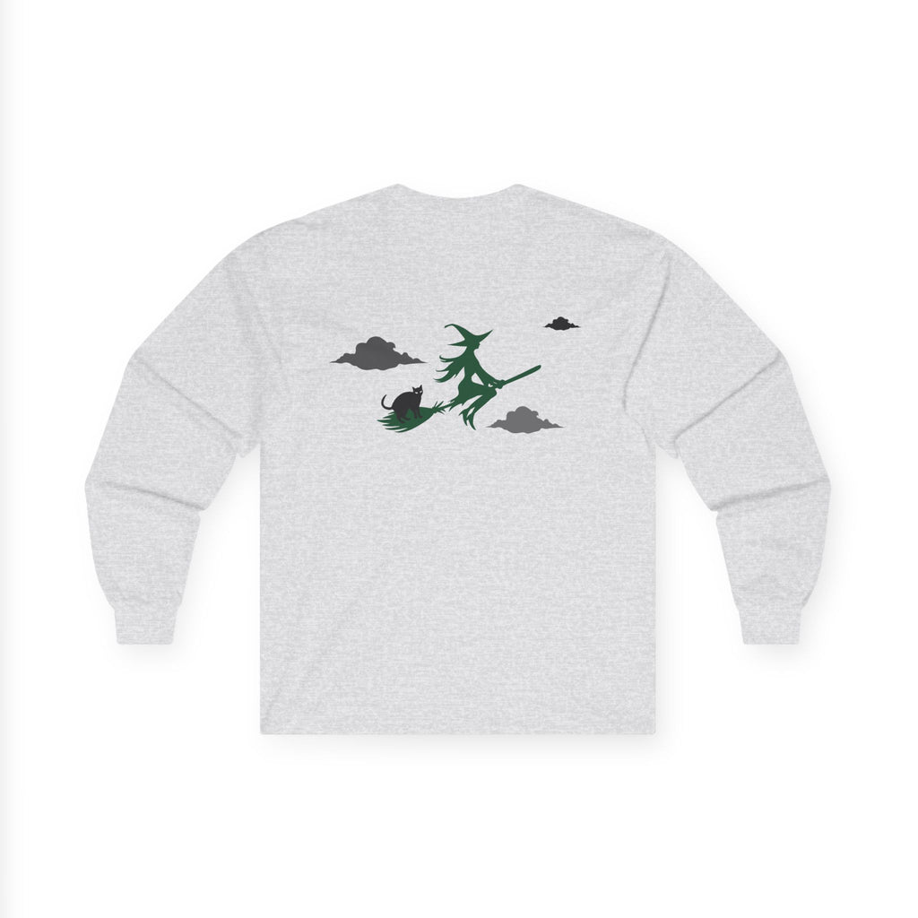 Gray sweatshirt with a green witch design on the back against a white background