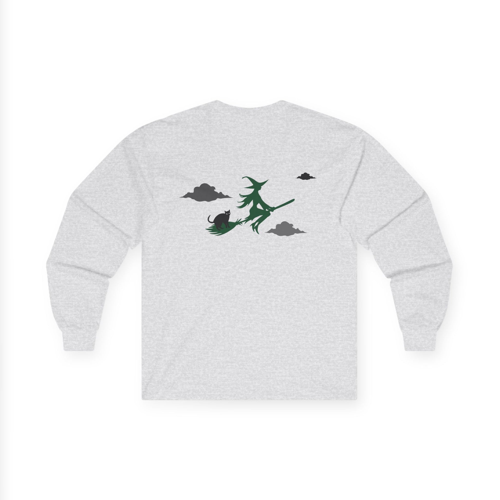 Gray sweatshirt with a green witch design on the back against a white background