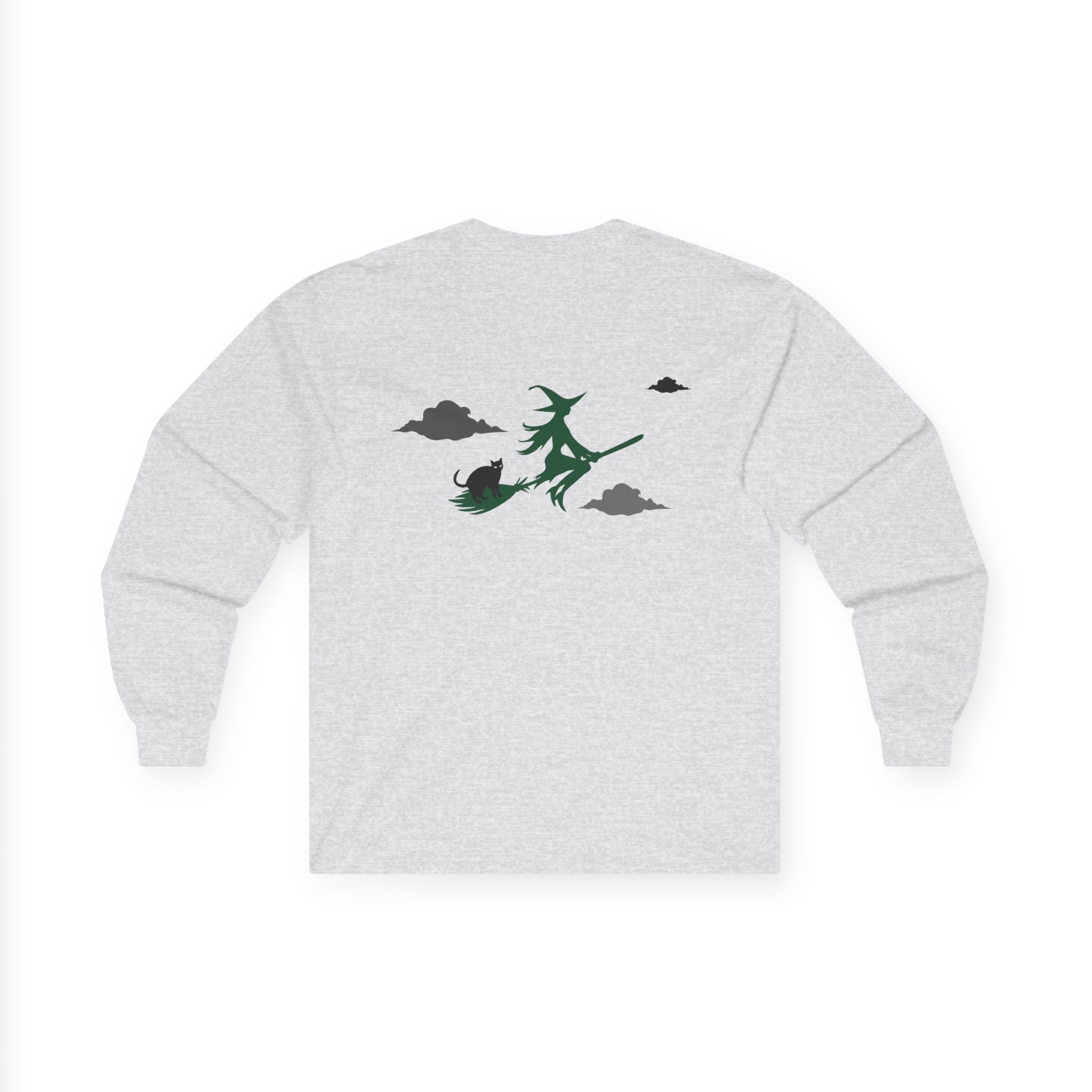 Gray sweatshirt with a green witch design on the back against a white background