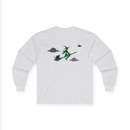 Gray sweatshirt with a green witch design on the back against a white background