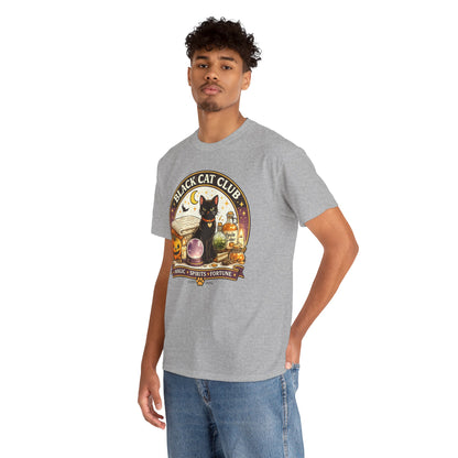 A man wearing a heather gray t-shirt with a circular graphic of a black cat in a boxing ring labeled 'BLACK CAT CLUB'.